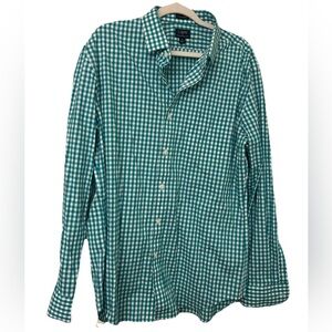 J Crew Thompson Button Plaid White Teal Size XL 17-17.5 Wrinkle Free Dress Shirt